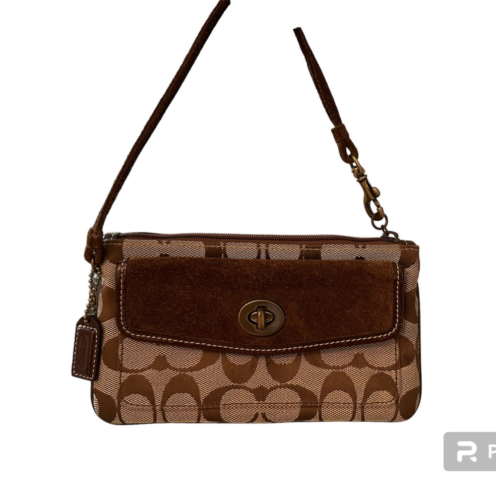 Coach Brown Fabric & suede Wristlet 2 compartments Mini Bag.